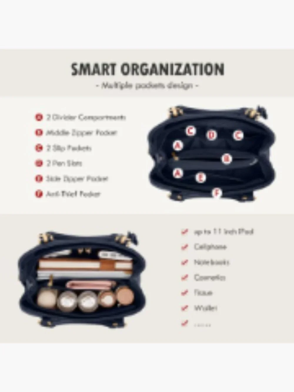 Waterproof PU Leather Satchel Handbag with Anti-Theft Pockets, Fits iPad